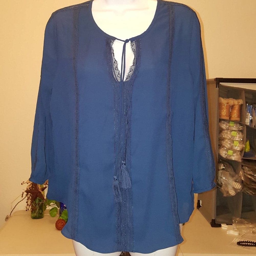 Sheer Lace Trim Blouse w/ Tassels Navy Blue Large